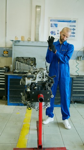 Technician in workshop overalls preparing to inspect an engine on a stand