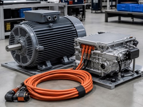 Industrial electric motor beside a compact electric drive unit and power cables